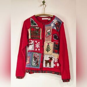 VTG Victoria Jones Ugly Christmas Sweater Cardigan Red Patchwork S